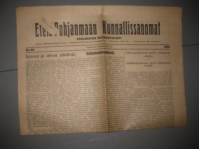 Sanomalehti Etelä-Pohjanmaan Kunnallissanomat 25.10.1929