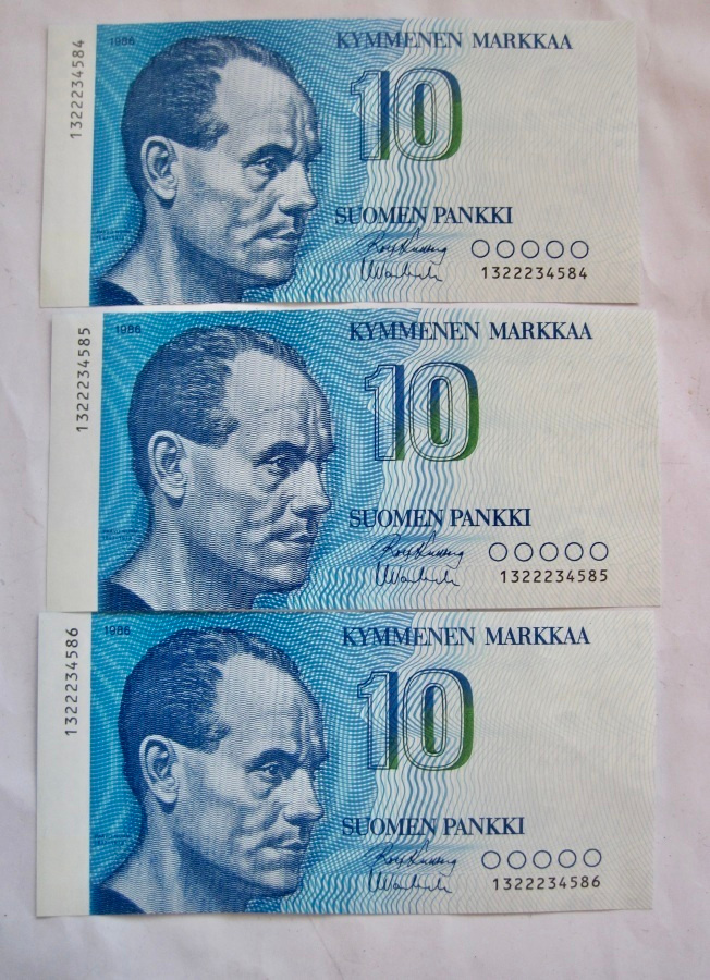 3 Seteliä 10 mk 1986 Pakkasileät Numerot Peräkkäin