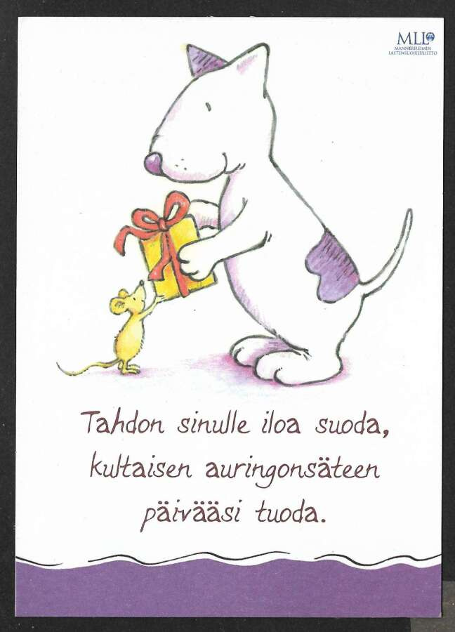 Koira antaa hiirelle lahjapaketin