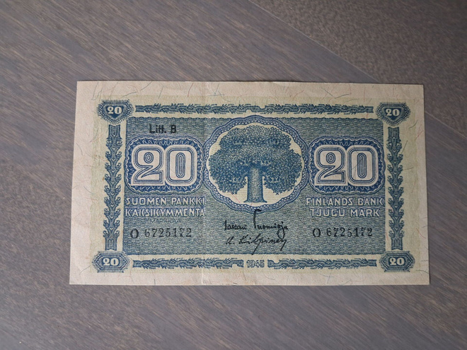 20 markkaa, mk 1945 Litt. B O6725172 kl. 8