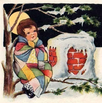 LAPSET / Peittoon kääriytynyt lapsi istuu oksalla. 1910-l.