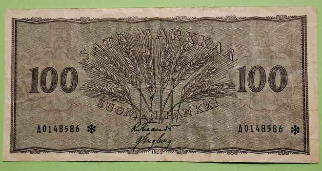 TÄHTI, 100 mk 1955 **  Taitoksia, ryppyinen. Kunto 3-4 (KD3)