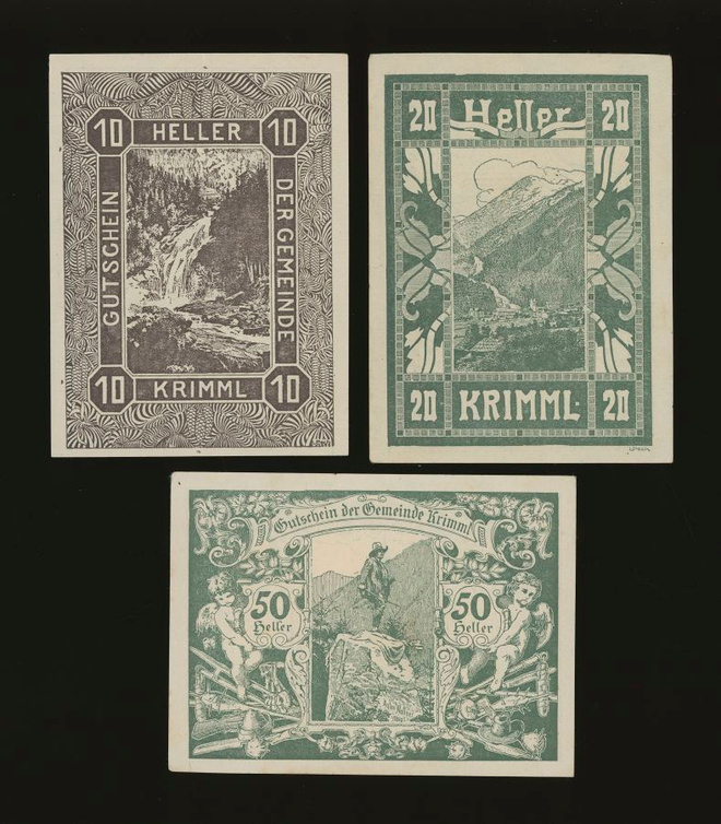 Itävalta Notgeld 10, 20, 50 Heller, Krimml
