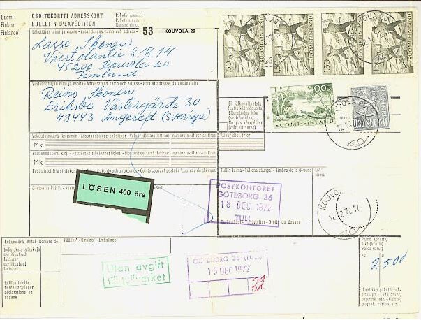 1963 1,5mk ym paketti Ruotsiin, Lösen 400öre -lipuke