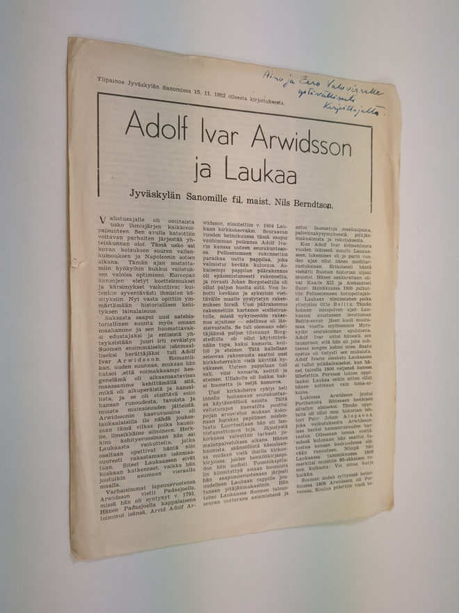 Nils Berndtson : Adolf Ivar Arwidson ja Laukaa (tekijän o...