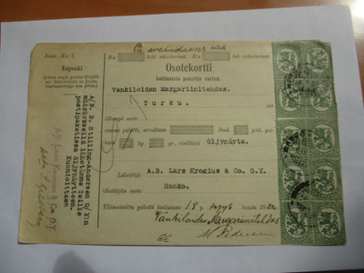 1922 Hanko pakettikortti Vankiloiden Margariinitehdas Turku