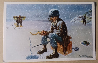 Anders Olsson: Miehet pilkillä lumisateessa, p. 1954
