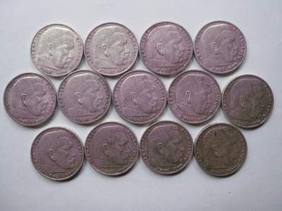 Natsi-Saksa 5 Reichsmark Paul von Hindenburg 13 kpl