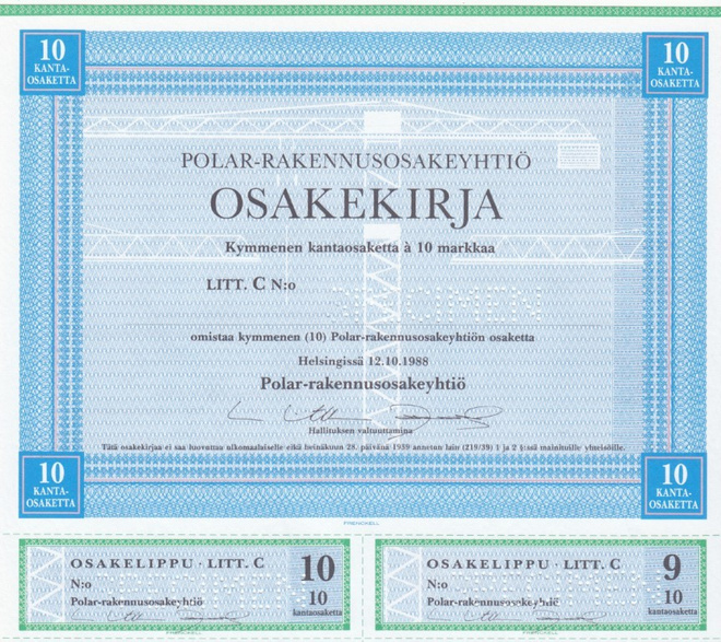 OKK 1988 Polar-Rakennus Oy, Helsinki spec pörssi osakekirja