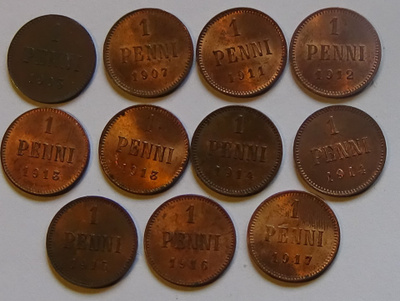 1905-1917 1 penni 11kpl kl6-kl8