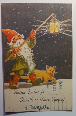 Tonttu kantaa lyhtyä, kissa matkassa mukana, p. 1947