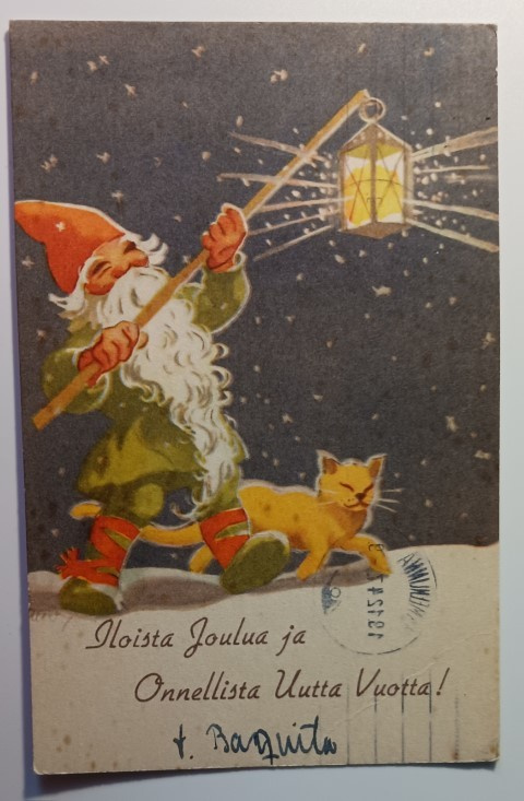 Tonttu kantaa lyhtyä, kissa matkassa mukana, p. 1947
