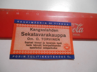 TT Etiketti Puijo Kangaslahden Sekatavarakauppa O.Torvinen