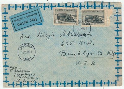 M30 1946 16mk 2 kpl lentokirje USAhan