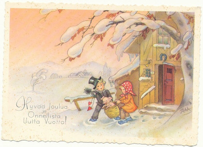Tyttö, nokipoika ja possu - vanhahko kortti