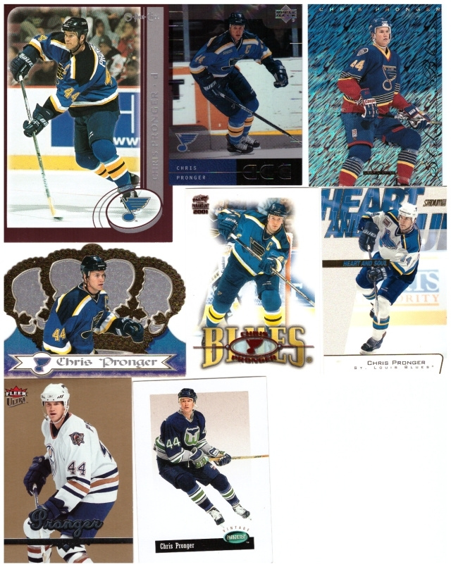 8 x CHRIS PRONGER Whalers, St. Louis Blues, Erikois ym. Kort