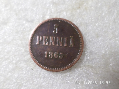 5  penniä   1865  Kulkematon tasaisesti  patinoitunut,