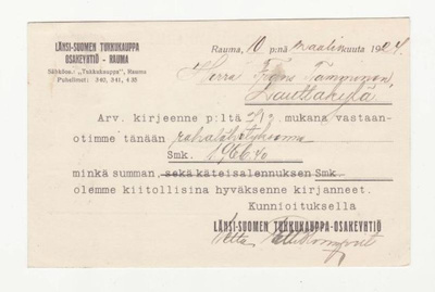 FIRMAKORTTI RAUMA LÄNSI-SUOMEN TUKKUKAUPPA