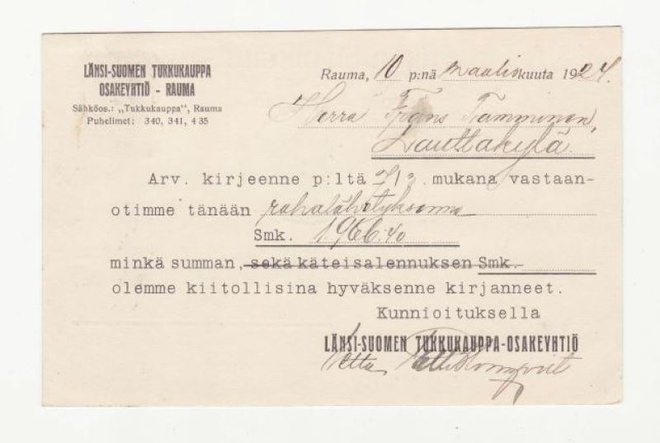 FIRMAKORTTI RAUMA LÄNSI-SUOMEN TUKKUKAUPPA