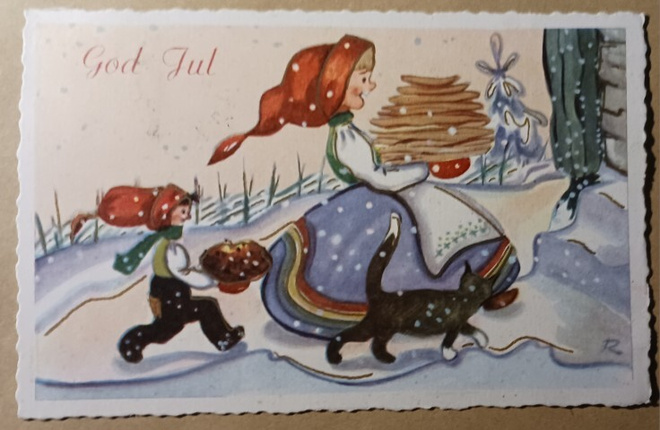 R: Äiti- ja lapsitonttu sekä kissa tuovat leipomuksia, 1961