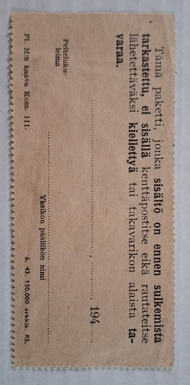 Kenttäpostipaketin tarkastuslipuke v. 1943
