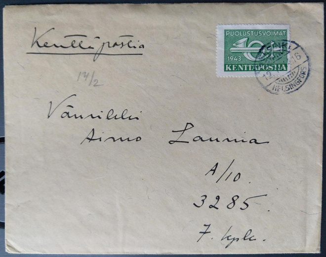 Kenttäpostikirje kotirintamalta joukkoihin 1944 merkillä KP2