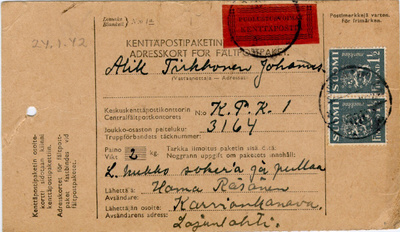 M30 1940 1,50mk harmaa pari kenttäpostipaketti