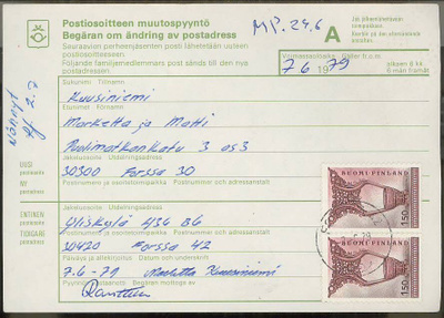 1976 1,50 mk kousa pari postiosoitteen muutospyyntö