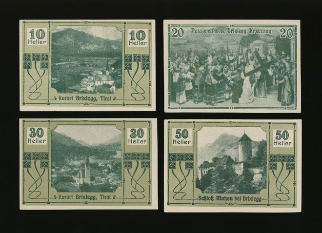 Itävalta Notgeld 10, 20, 30, 50 Heller, Brixlegg 1920