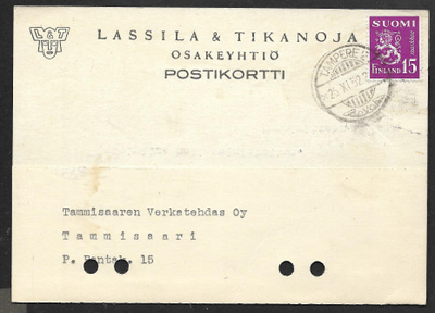 Postilähetys - Yl.m. 15mk (LAPE 382) Tampere 25.9.1952