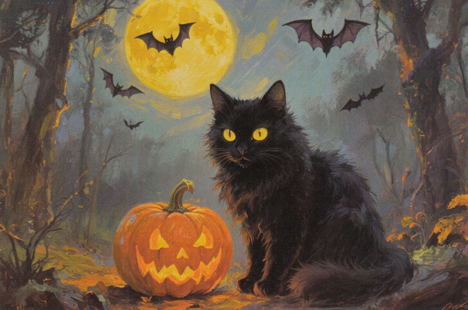 Halloween musta kissa istuu kurpitsan vieressä