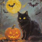 Halloween musta kissa istuu kurpitsan vieressä - pikkukuva 1