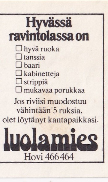 Helsinki, Luolamies, Hyvässä rvintolassa on    7/10