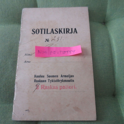 Sotilaskirja Raskaan Patterin Passi v.1920