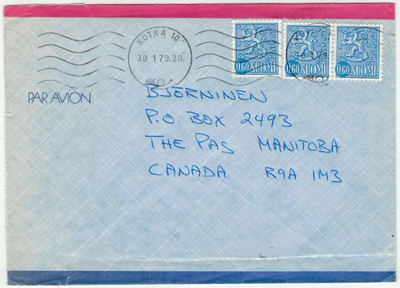 M63 1973 60p sininen leijona 3 kpl lentokirje Kanadaan