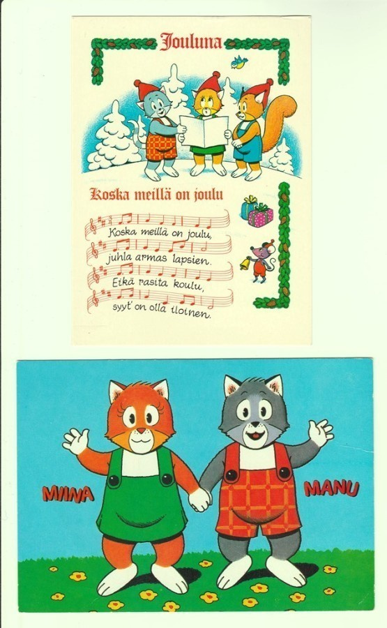 Kaksi vanhaa Miina ja Manu -postikorttia