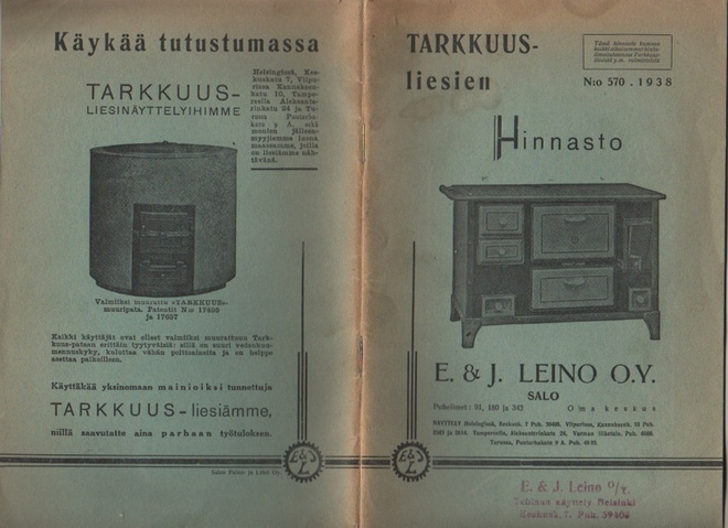 Tarkkuusliesien hinnasto N:o 570, 1938, E. & J. Leino O.Y.