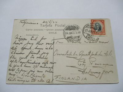 1922 Chile kortti Suomeen