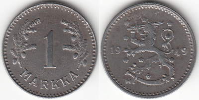1 mk 1949 fe, kaksoispuristus vuosiluvussa