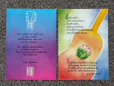 Kaksi Juice Leskinen -aiheista postikorttia