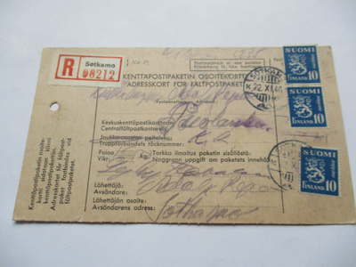 1946 Sotkamon kenttäpostipakettikortin jälkikäyttö kirjaus