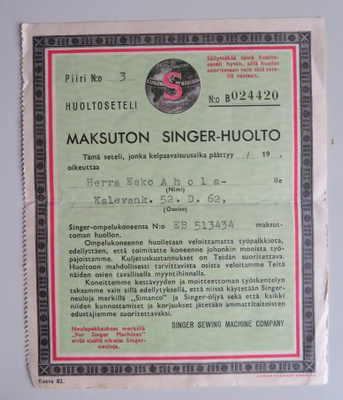 SINGER ompelukone HUOLTOSETELI