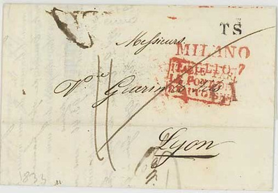Italia 1833 kirje Milanosta Lyoniin Ranskaan, TS -leima