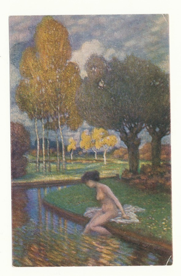 Nainen uimaan menossa - vanha taidekortti