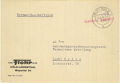 Länsi-Saksa Gebühr bezahlt -kirje 1946