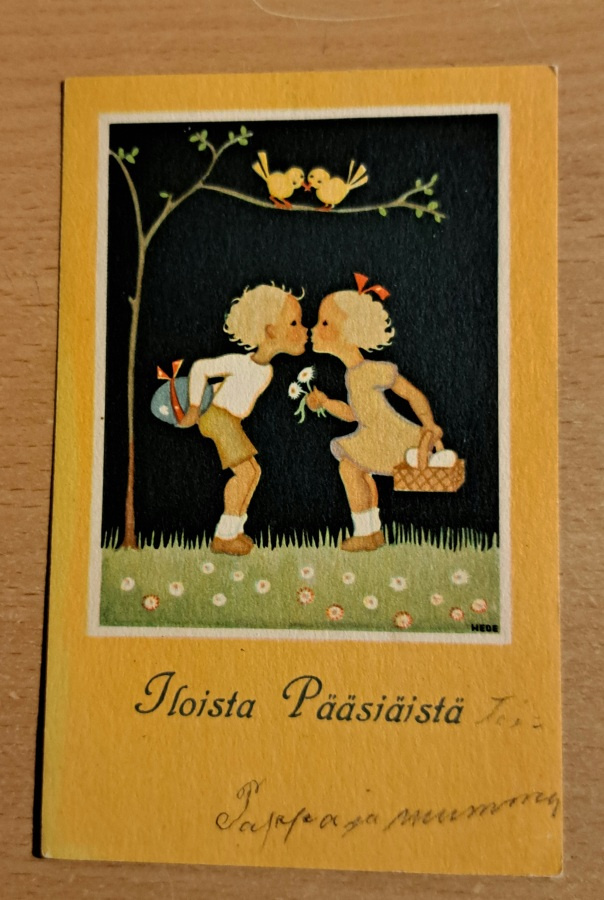Hede: tyttö ja poika pussaa, kulkenut käsipostissa