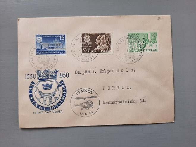 FDC Suomi 1950 Helsinki srj EL HKI ja Stadion, kulkenut