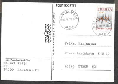 Postilähetys -  Eurooppa (LAPE 700) Kangasniemi 17.10.1972