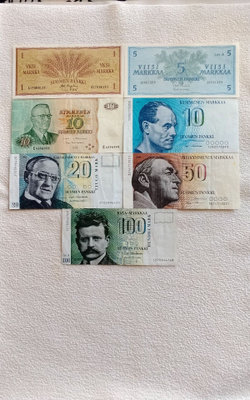 Suomi seteleitä 7 kpl. 1963-1993 väliltä,hienoja