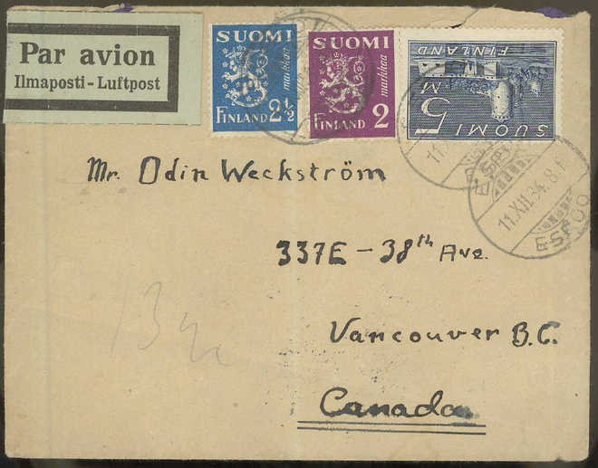 M30 1934 lentokirje Kanadaan, lentomaksu koko matkalta makse